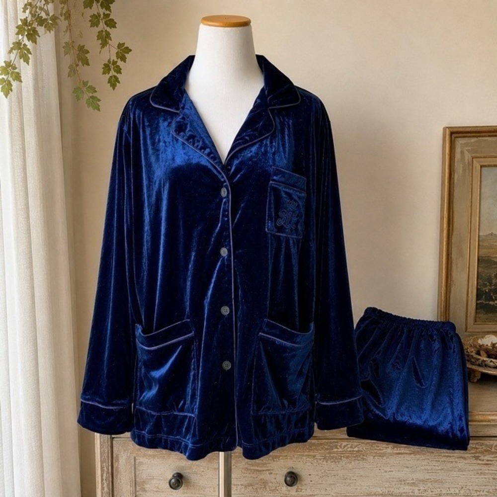 Lauren Ralph Lauren LRL Navy Velvet Pajama Set Women's L Button Front